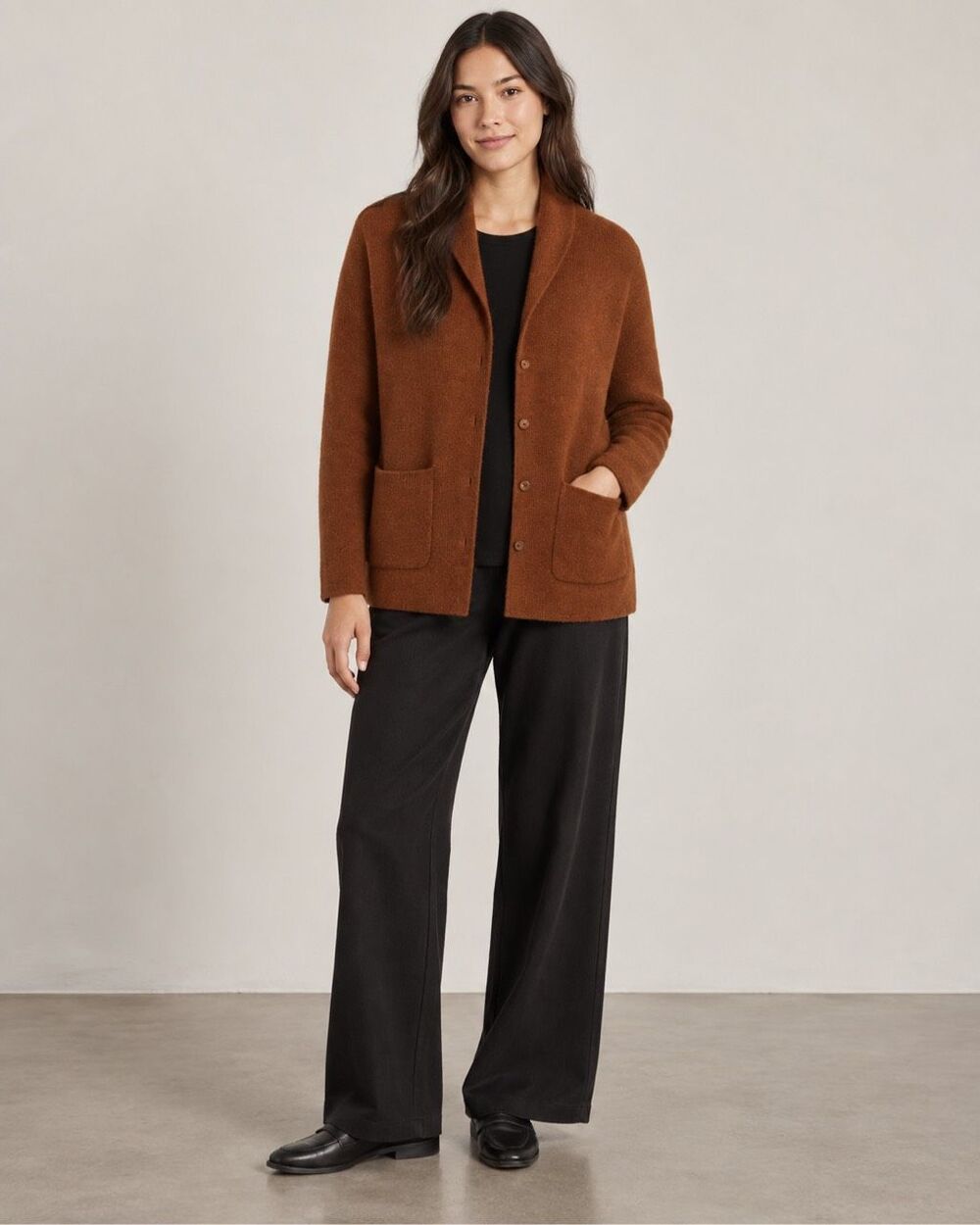 Eileen Fisher Wool Mohair Shawl Collar Button Cardigan Rust Brown Small